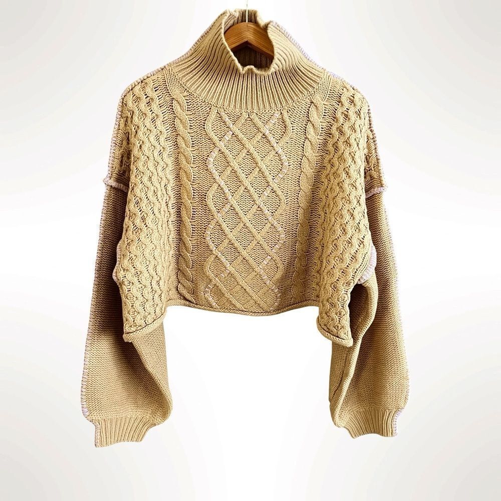 New Callahan Knitwear Cropped Cameron Tan & Purple Turtleneck Sweater- Medium